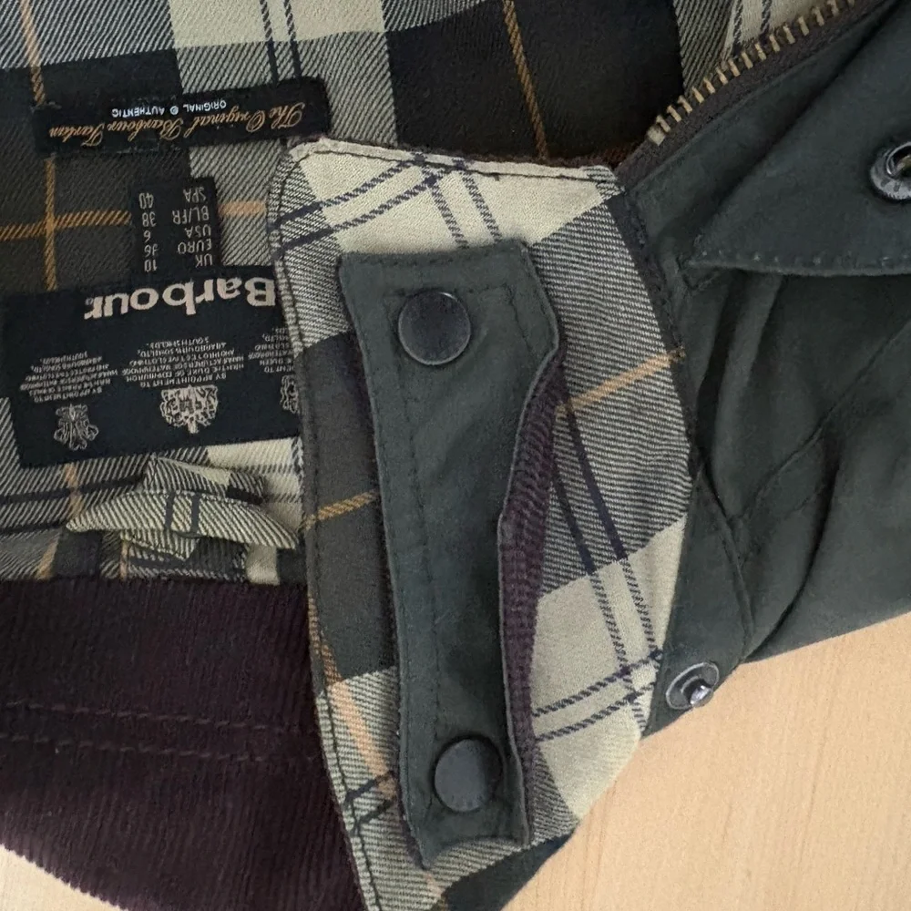 Barbour Dark Olive Waxed Cotton Trench Coat with Brown Corduroy Collar